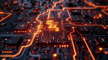 A close-up view of a glowing circuit board with intricate pathways of electricity pulsating with light.