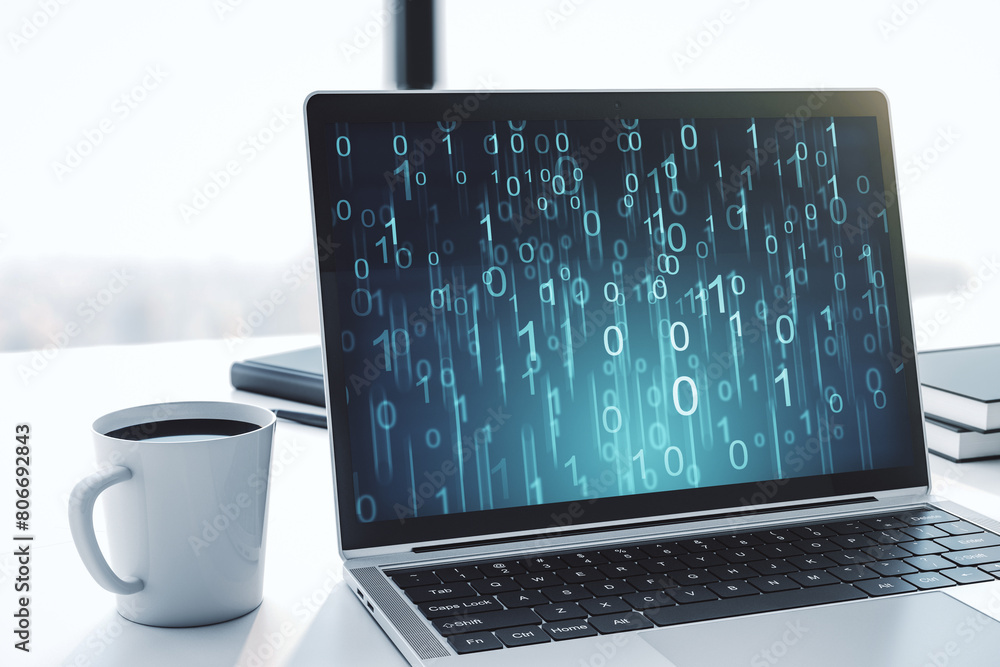 Aufkleber Creative concept of binary code illustration on modern laptop screen. Big data and coding concept. 3D Rendering