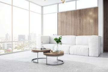 Luxurious living room interior with floor to ceiling windows, sophisticated white seating, and rich wooden paneling. 3D Rendering