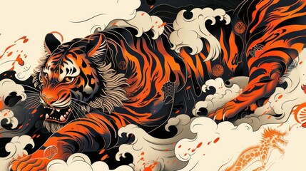 Intricate depiction of a Japanese tiger tattoo, curling along the torso, symbolizing courage and strength, with bold black and orange colors, isolated background