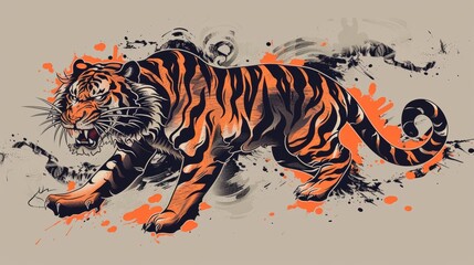 Intricate depiction of a Japanese tiger tattoo, curling along the torso, symbolizing courage and strength, with bold black and orange colors, isolated background