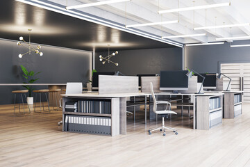Chic office workspace with wood flooring, modern desks, and artistic lighting fixtures. 3D Rendering