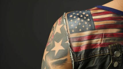 Intimate view of a bold American flag tattoo, signifying personal growth and beauty, elegantly placed on the shoulder, with a clear, isolated background