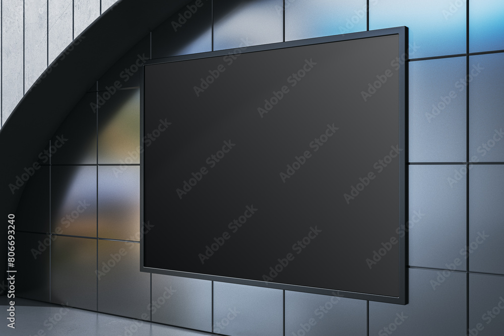 Poster modern underground interior with empty black mock up billboard on tile wall. 3d rendering.