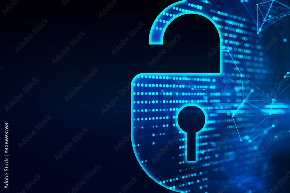 Poster a digital padlock illustration with glowing blue lights on a dark background, symbolizing cybersecur