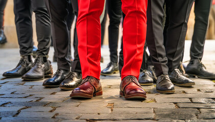 A single man with red shoes and trousers among a group of men with black shoes and trousers. Standing out from the crowd, thinking outside the box, leadership and individuality concept. Generative Ai.