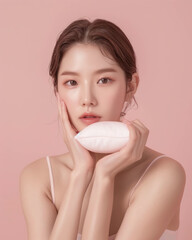 A pretty Korean woman showcasing skincare cosmetics, perfect for beauty advertisements, AI generative.