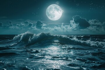 Full moon casting a silver glow over the ocean