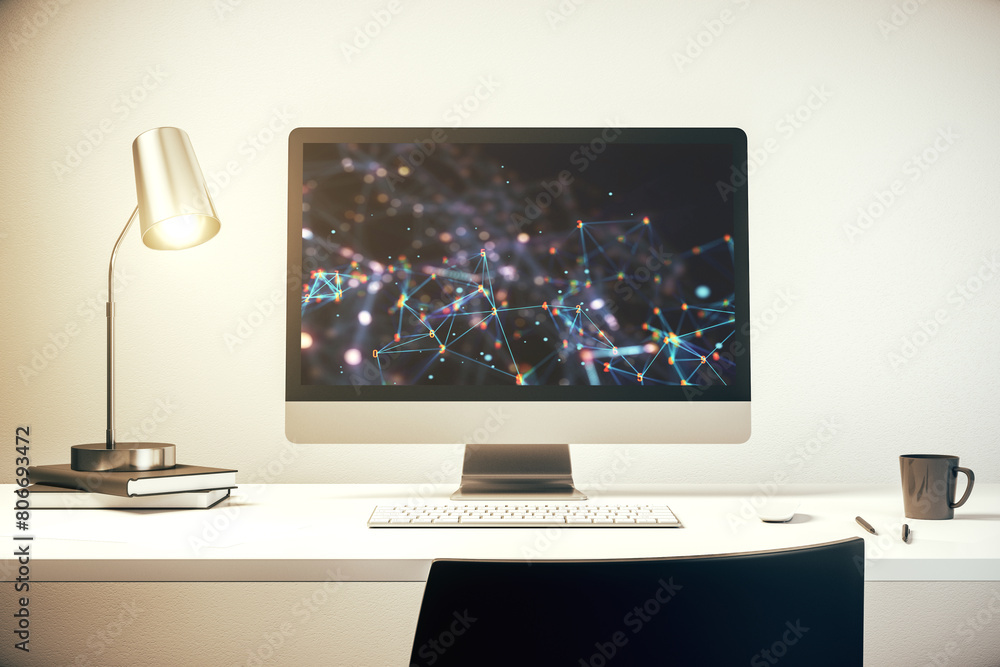 Fototapete modern computer monitor with technology desktop. research and development software concept. 3d rende