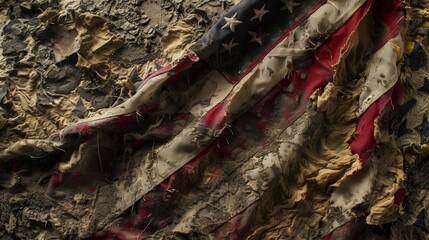 Intense close-up of a weather-beaten American flag, highlighting the stories of a nation united by adventure, on an isolated background