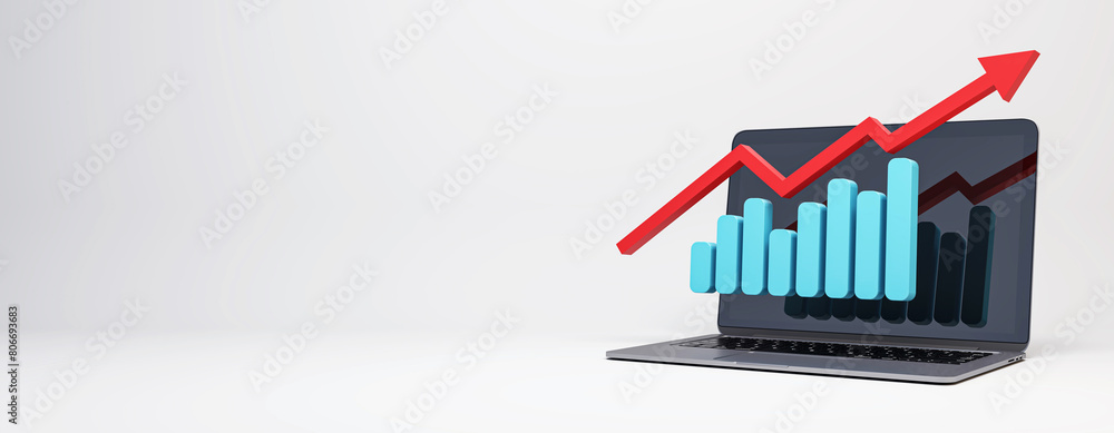 Aufkleber a laptop displaying a 3d bar graph with upward trending arrow, light style on a white background, co