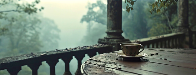 Naklejka premium Two cups of coffee on a wooden table overlooking a forest on a balcony