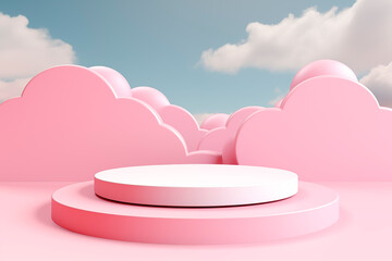 Surreal display featuring pink clouds forming a backdrop for a circular podium, ideal for showcasing products in a dreamy setting.