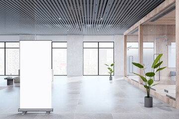 An empty banner mockup in a modern office with large windows, plants, and view of the city. 3D Rendering