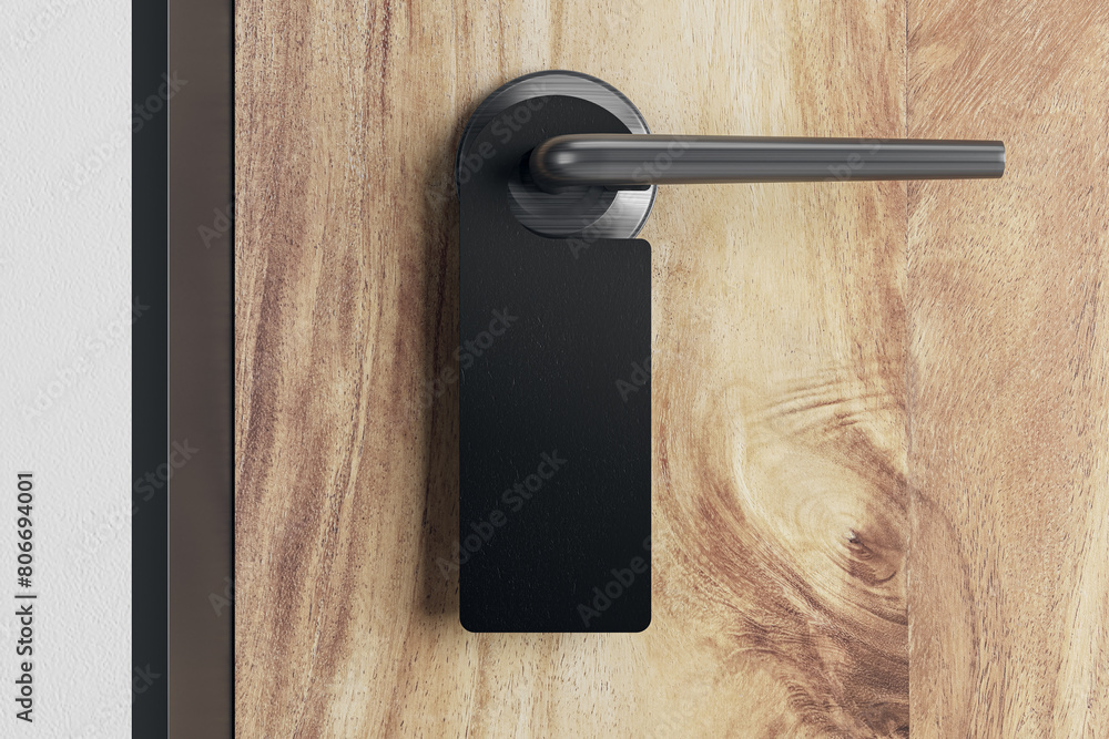 Poster close up of empty black sign on wooden door. mock up, 3d rendering.