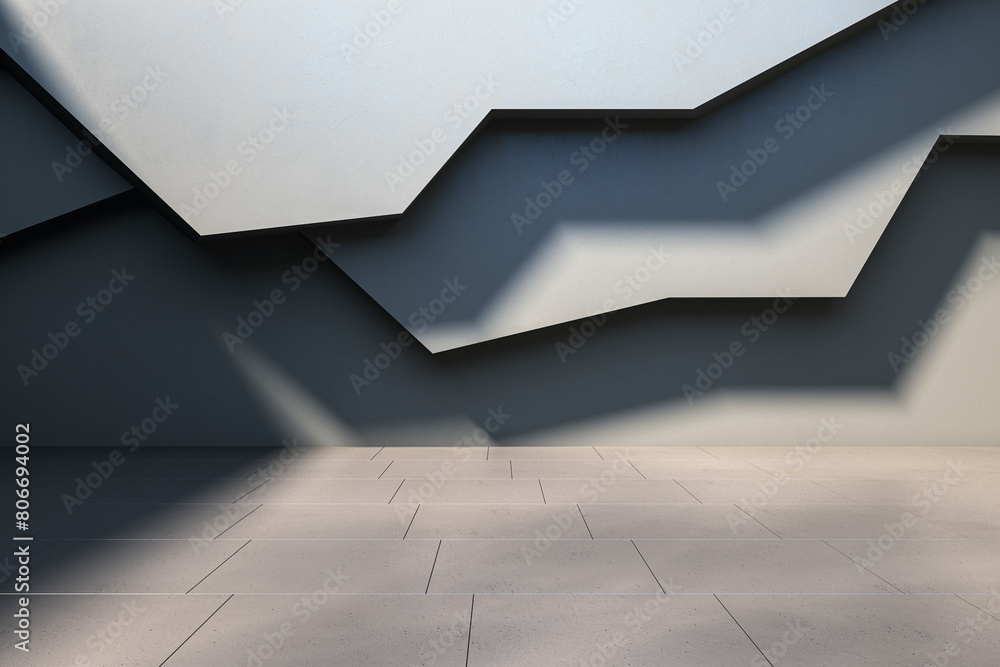Poster An abstract geometric background with angled shapes and a tiled floor, showcased in shades of blue and gray, with a modern architectural concept. 3D Rendering