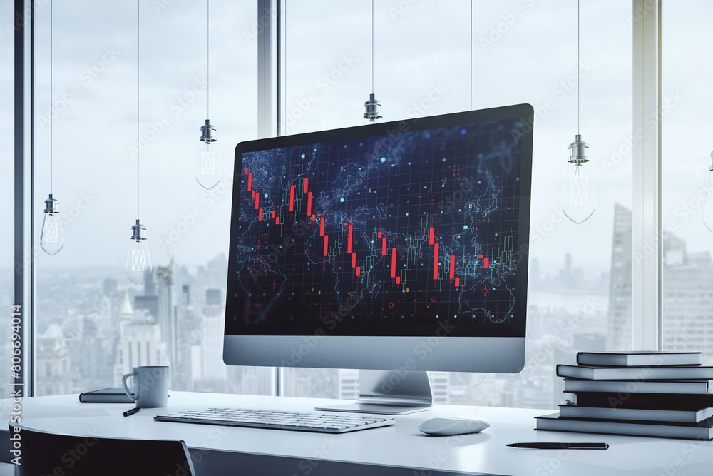 Aufkleber modern computer monitor with creative abstract global crisis chart with world map hologram. financia