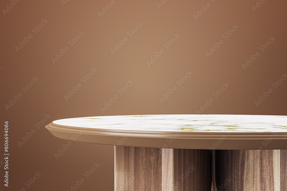 Poster Empty wooden table with mock up place for product placement on brown backdrop. 3D Rendering.