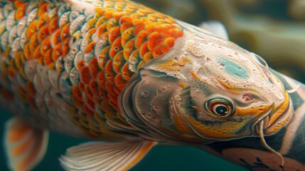 Hyper-realistic tattoo of a swimming koi fish, detailed scales and vibrant colors symbolizing perseverance and good fortune, on a clear background