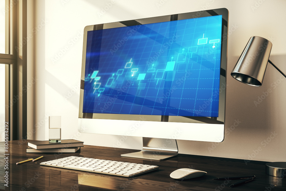 Poster Modern computer monitor with abstract creative financial chart, research and strategy concept. 3D Rendering