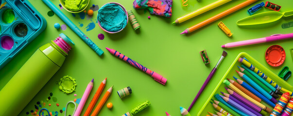 Array of Colorful Art Supplies on Bright Green Background