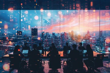 Corporate meeting where participants join from different dimensions, each displayed in a unique visual style, symbolizing global connectivity