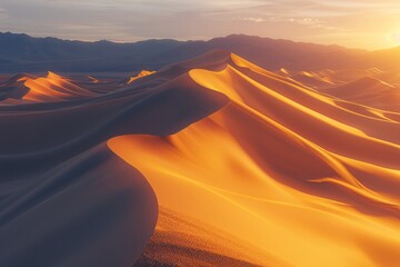 First light of dawn illuminating the golden dunes of a peaceful desert. The wind carves patterns in the sand, each grain moving in harmony to reshape the landscape