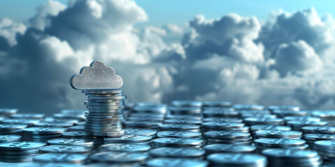 Stack of coins on blue bokeh background, business and finance concept idea. 
