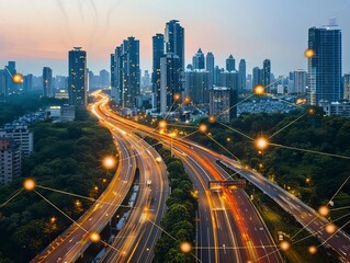 Obraz premium Innovative idea pathway through a futuristic city, glowing lines connecting creative concepts