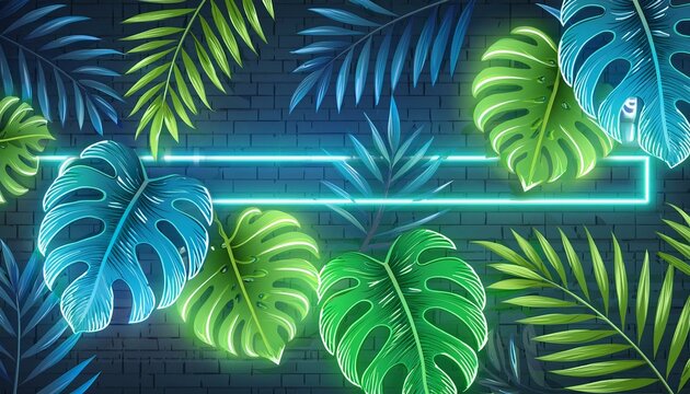 Tropical Leaves with Green and Blue Neon Light background mesmerizing close-up shot showcasing the organic beauty of tropical foliage bathed in ethereal neon glow
