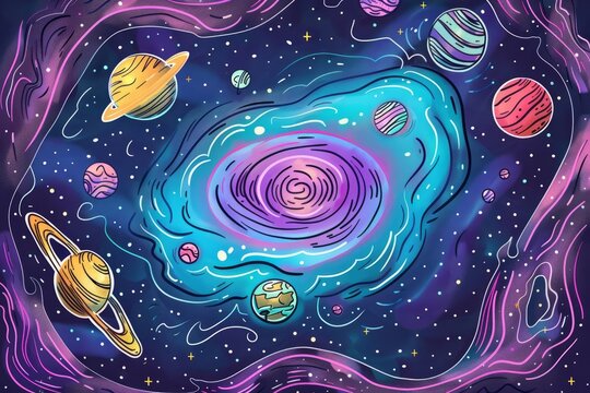Cartoon cute doodles of a cosmic conga line with planets and asteroids dancing around a swirling galaxy core, Generative AI