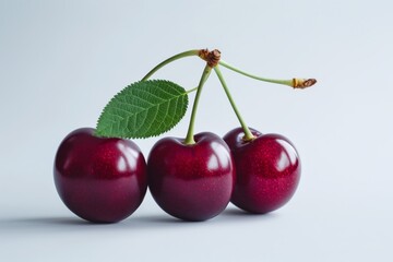Three glossy red cherries with a green leaf, isolated on a clean white backdrop