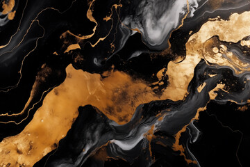 An abstract design of swirling gold and black marble patterns, exuding a luxurious and sophisticated vibe with dynamic and fluid artistic waves.