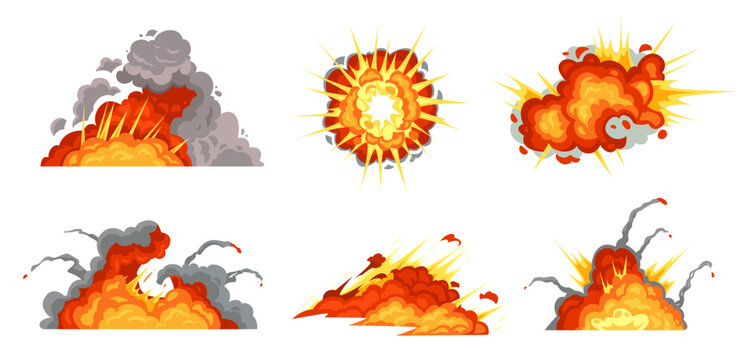 Cartoon explosions. Exploding bomb, fire cloud and explosion burst. Vector of boom comic, burst and blast effect, flash bang explode, energy power design illustration