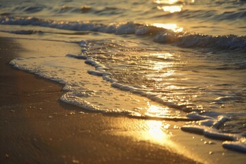 Golden waves gently lapping on sandy beach at sunset
