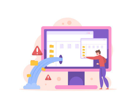 data leaks and data breaches. computer hacked. File folders or documents on the computer are taken by hackers. warning if information data on the computer has been leaked. concept illustration design