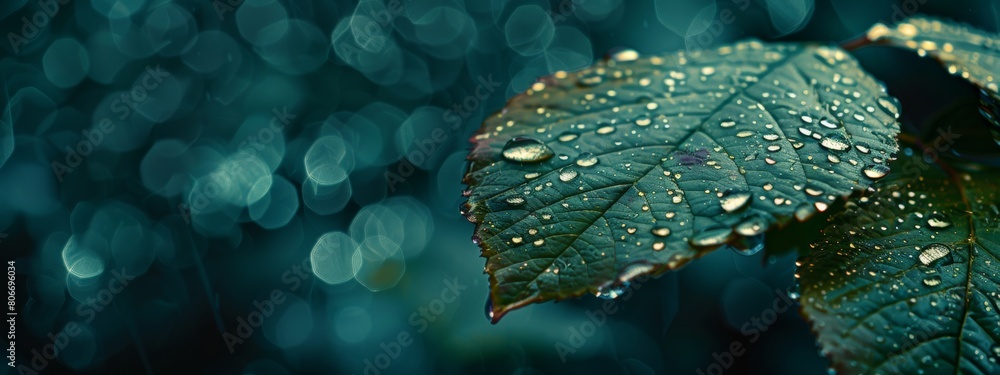 Poster a close-up view of a single leaf with sparkling water droplets clinging to its edges, showcasing the