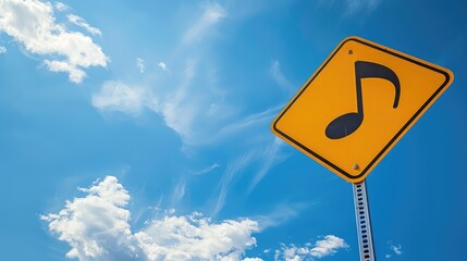 Music note background with some soft smooth lines: yellow road sign with a blue sky and white clouds