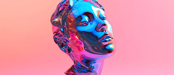 3D render of the head of an Aphrodite statue in holographic neon light on a pink background