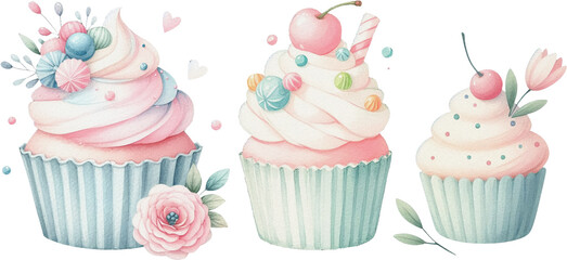 Watercolour cupcake clipart, sweet pastel color transparent background png