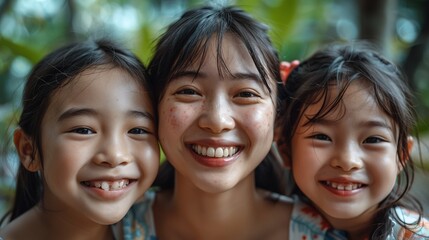  Peaceful Mother's Day Moments, Honest Families, Beautiful Young Mothers Embrace Her Cute Children with Deep Love, Share Laughter and Smile, Cherish Intimate Family Ties in Warm Leisure Time
