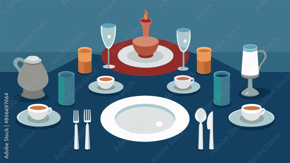 Poster the table is set with mismatched worn dishes and silverware reflecting the simplicity and contentmen