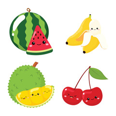 Cute fruit watermelon, banana, durian, and cherry clip art