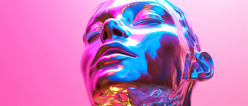 3D render of the head of an Aphrodite statue in holographic neon light on a pink background