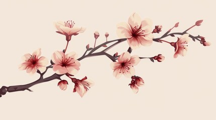 Fototapeta premium Elegant Japanese tattoo of a cherry blossom branch, sakura, symbolizing the transient nature of life, beautifully inked in irezumi style, on a plain background