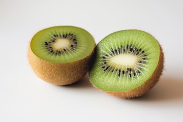 Close-up view of ripe kiwi fruit halves, showcasing vibrant green flesh and black seeds