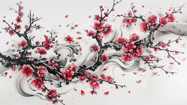 Elegant Japanese tattoo depicting a serene cherry blossom scene with petals flowing, embodying life's ephemeral nature, isolated background