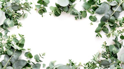 Wreath frame made of branches eucalyptus and leaves isolated on white transparent background. Flat lay, top view.
