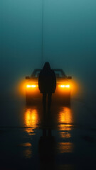 Shot of car with bright headlights piercing through thick morning fog