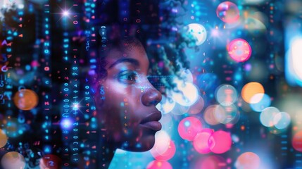  A black woman in profile with computer code and data visualizations overlaying her face, overlaying digital elements